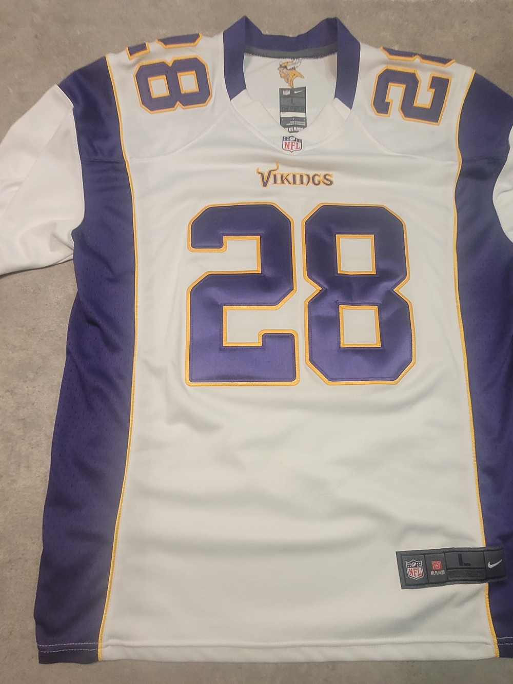 Nike White, Purple and Gold Vikings #28 Football Jersey